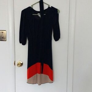 Navy orange tan three quarter sleeve dress